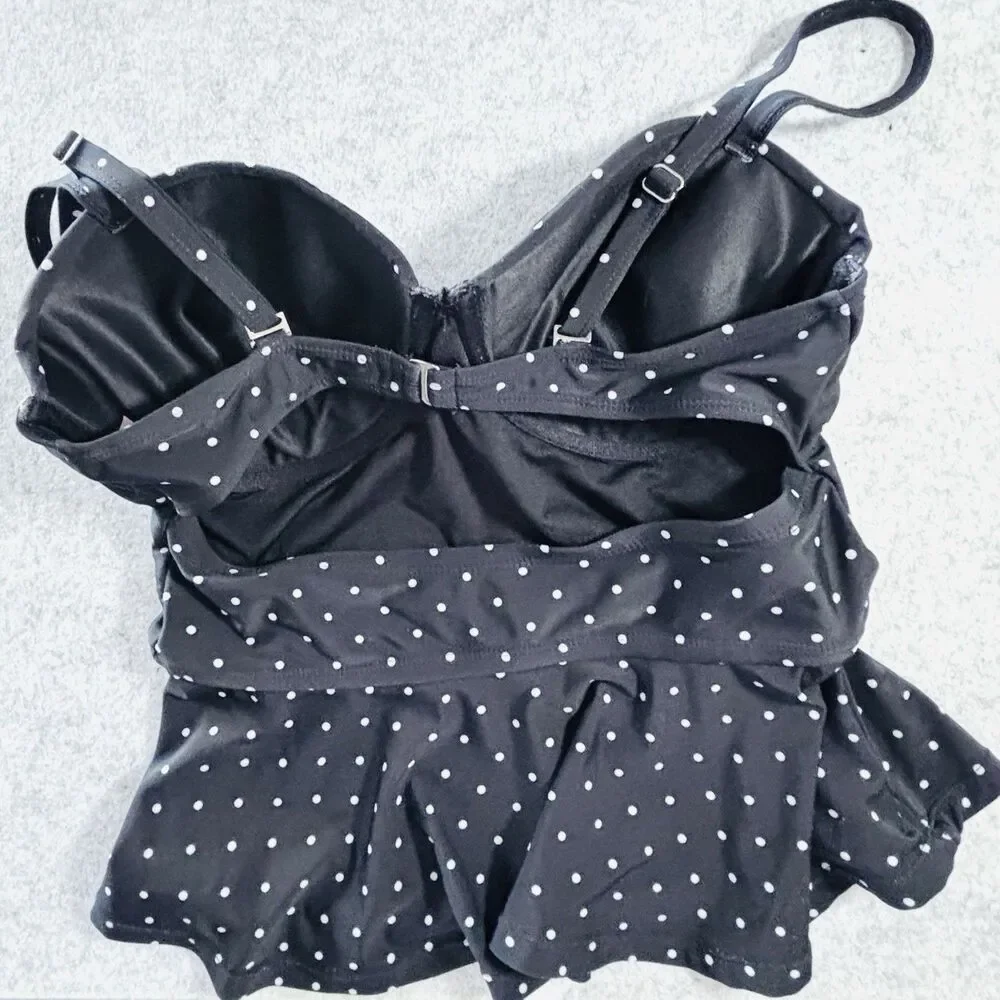 UNIQUE VINTAGE SWIM Women’s L 2 Pc Swimsuit Black White Dotted Retro Flare